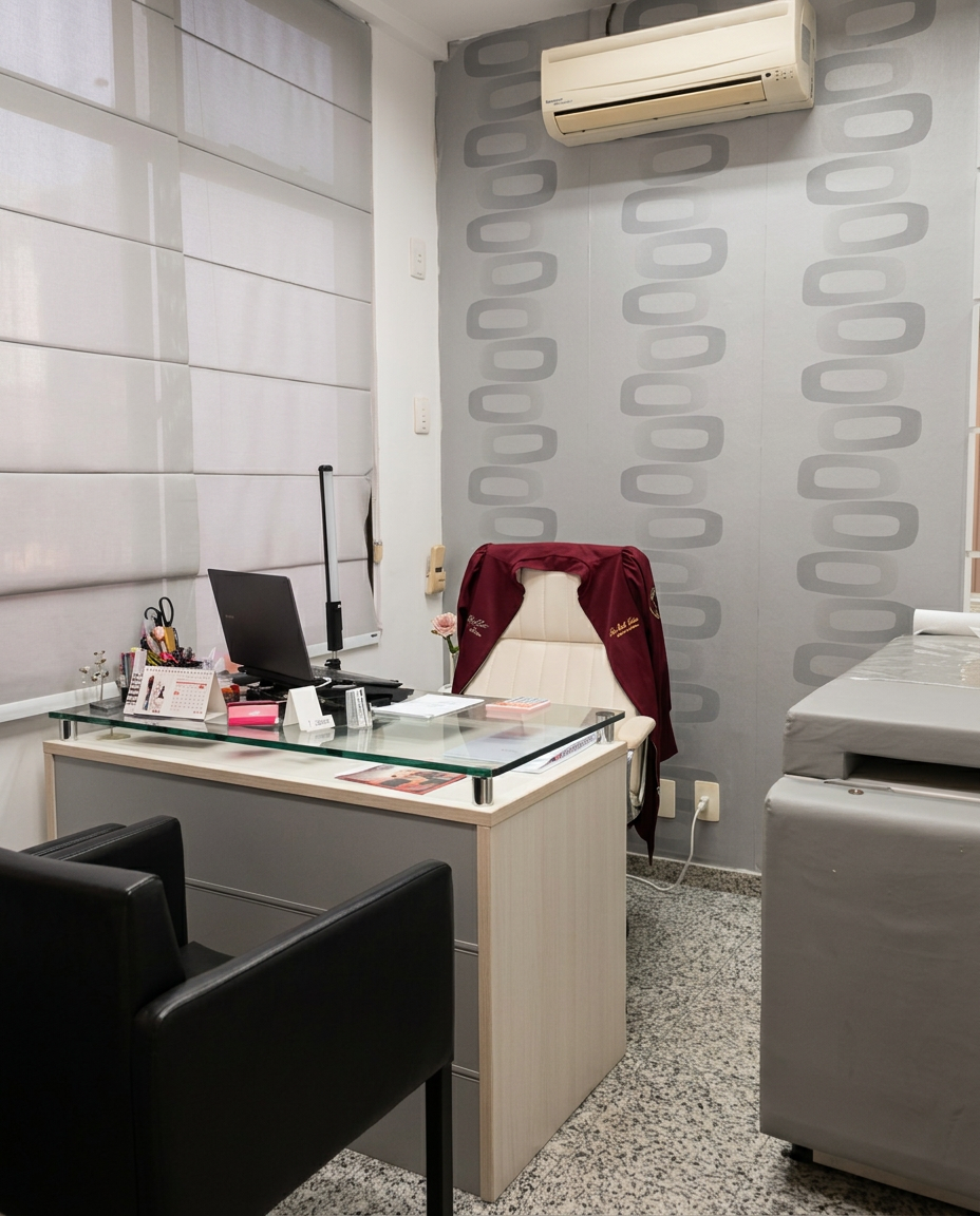 Consultório da Esthetic Clínica com mesa de atendimento e ambiente acolhedor