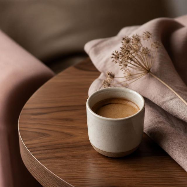 Xícara de café sobre mesa de madeira na recepção acolhedora da clínica